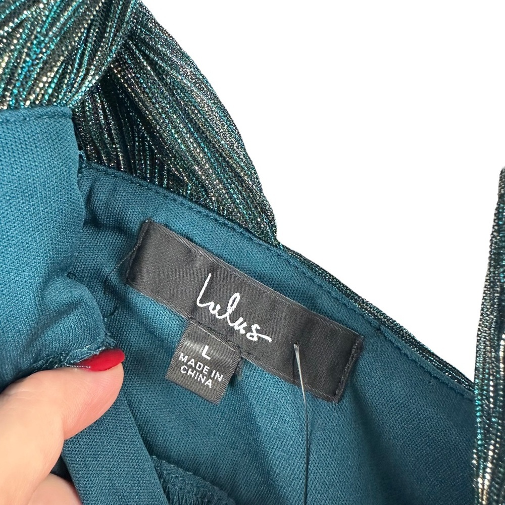 NWT LULUS Sz L Women Ailey Metallic Gold Teal Twist Back Skater Dress L 17D1756 - Picture 4 of 16
